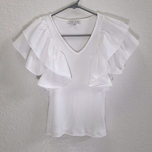 Size Small White Ruffle Flutter Sleeve Fitted Ribbed Stretchy Blouse Top